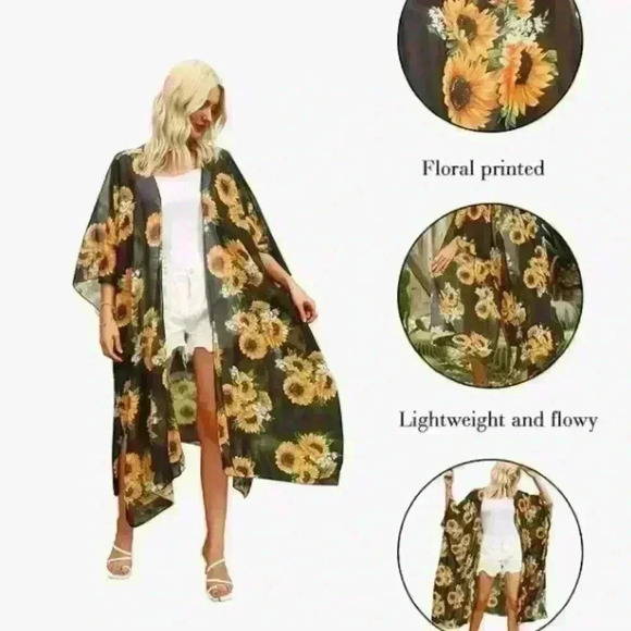 NWOT Women's Floral Kimono Cardigan 2X-Sheer Swim Cover-Up, Boho Tropical Prin - Picture 4 of 4